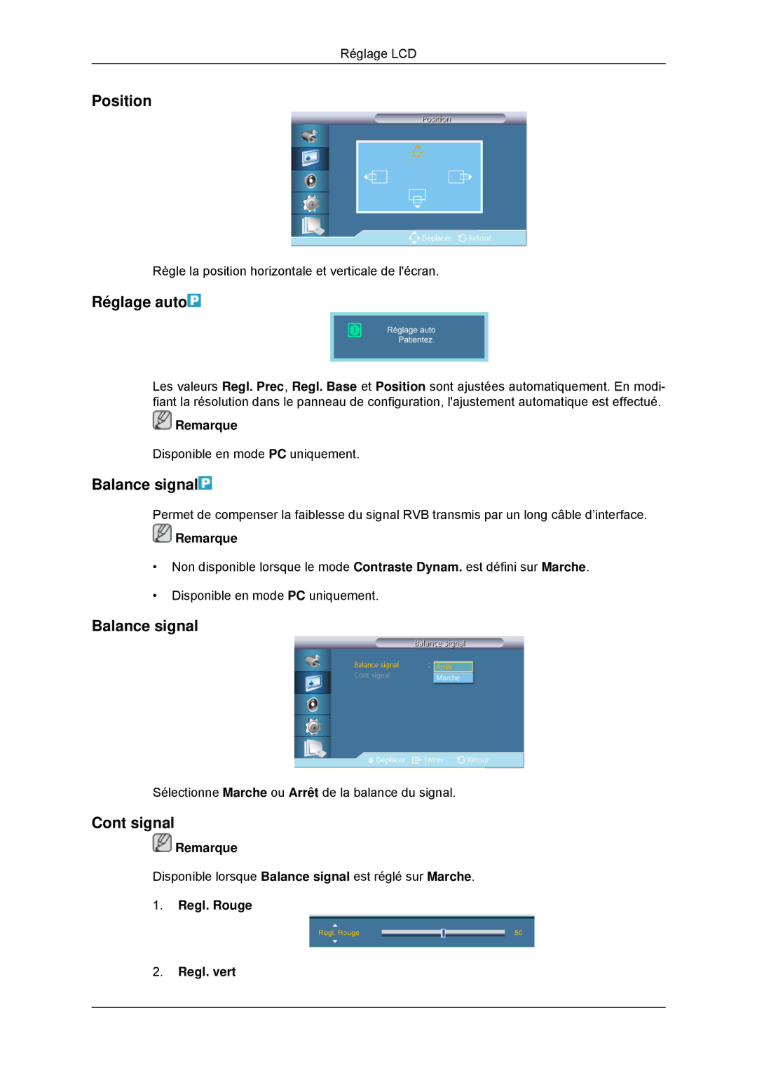 Samsung LH46CKSLBB/EN, LH46CBTLBB/EN, LH46CBQLBB/EN manual Réglage auto, Balance signal, Signal, Regl. Rouge Regl. vert 