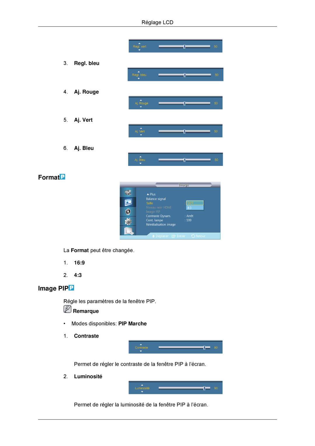 Samsung LH46CBSLBB/EN, LH46CBTLBB/EN, LH46CBQLBB/EN, LH46CBULBB/EN manual Image PIP, Regl. bleu Aj. Rouge Aj. Vert Aj. Bleu 