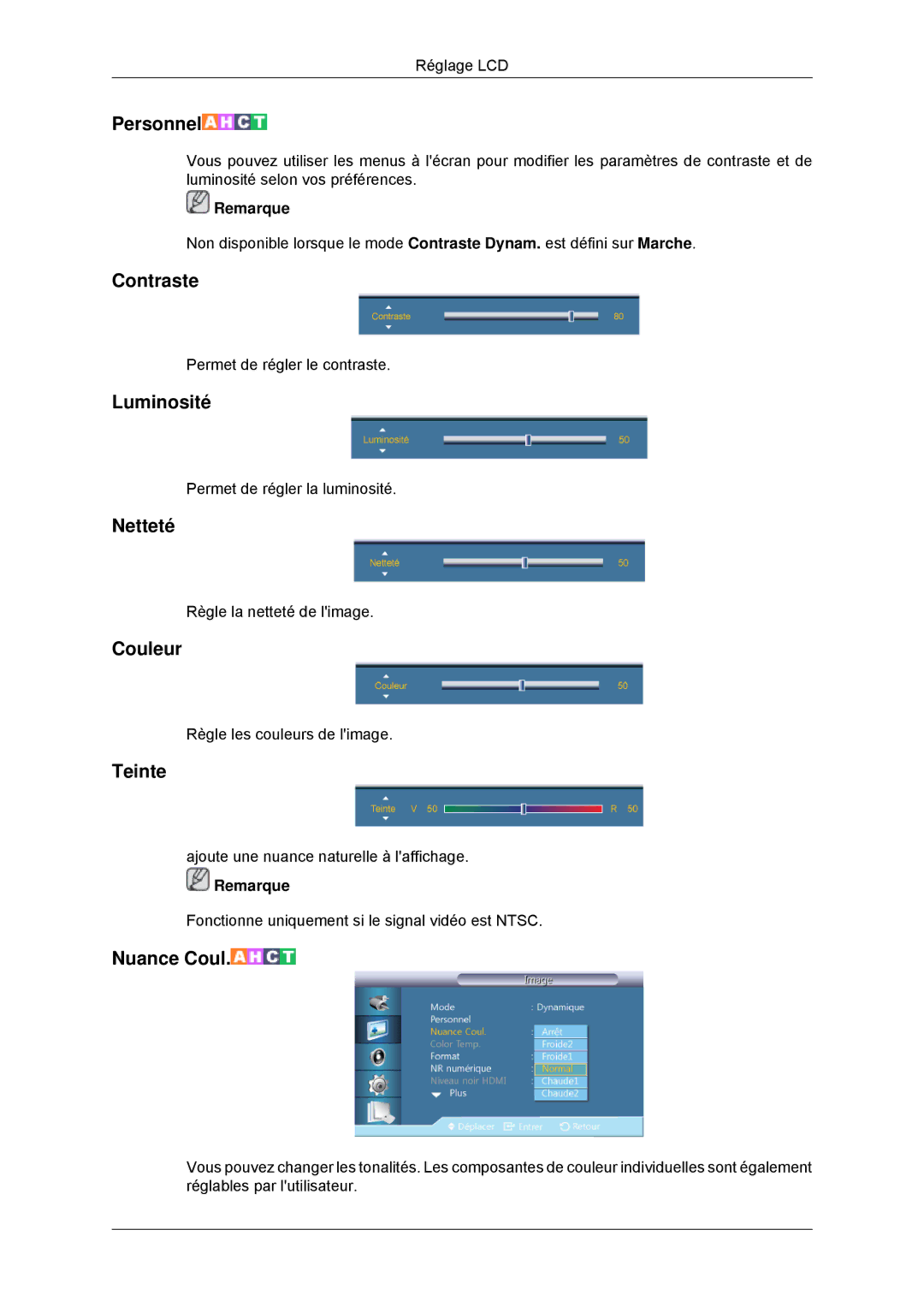 Samsung LH46CBQLBB/EN, LH46CBTLBB/EN, LH46CBULBB/EN, LH46CKPLBB/EN manual Contraste, Luminosité, Netteté, Couleur, Teinte 