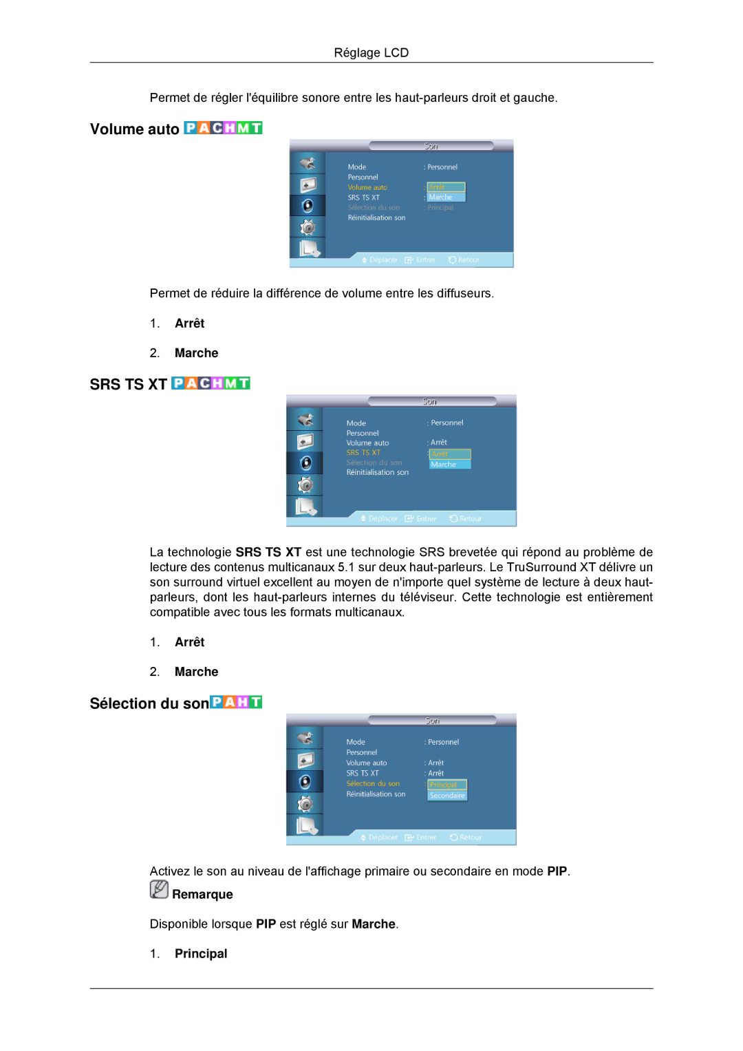 Samsung LH46CKSLBB/EN, LH46CBTLBB/EN, LH46CBQLBB/EN, LH46CBULBB/EN, LH46CKPLBB/EN Volume auto, Sélection du son, Principal 