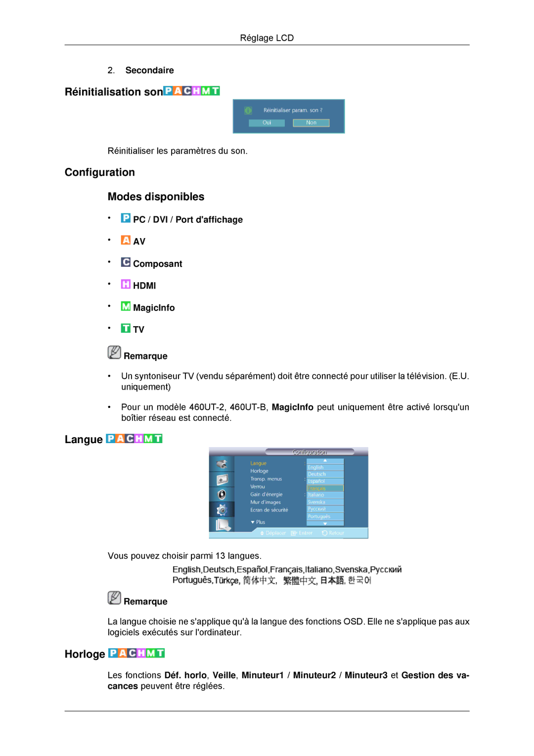 Samsung LH46CBSLBB/EN, LH46CBTLBB/EN Réinitialisation son, Configuration Modes disponibles, Langue, Horloge, Secondaire 