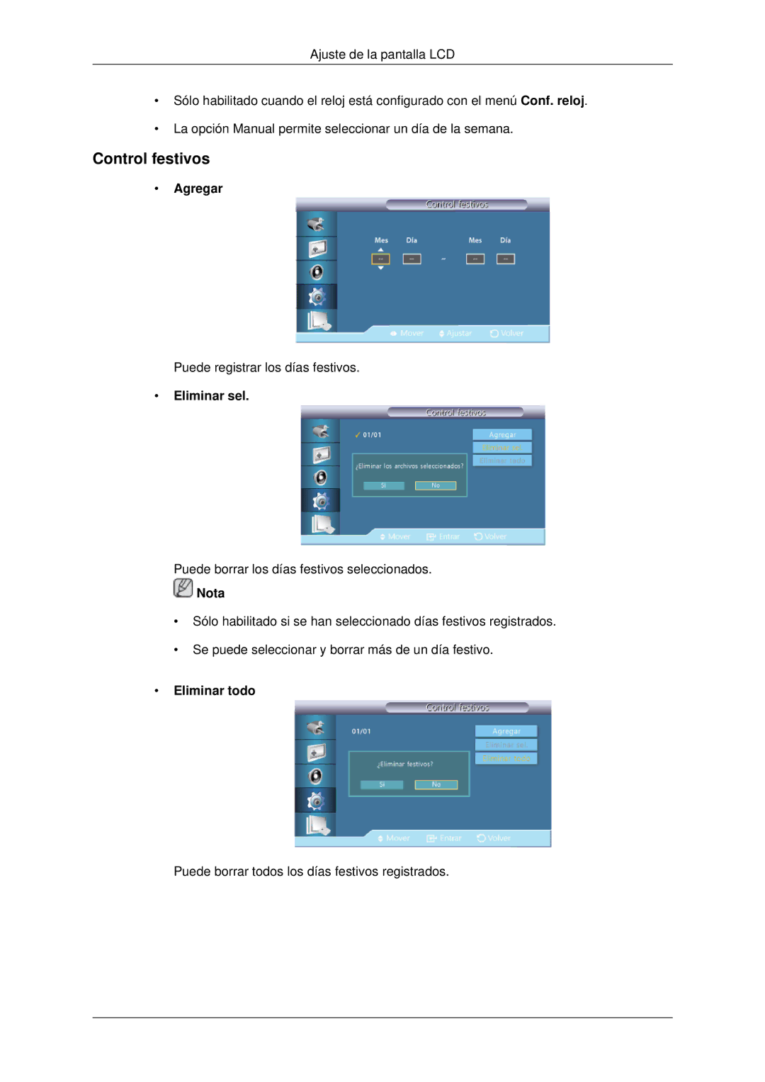 Samsung LH46CBTLBB/EN, LH46CBQLBB/EN, LH46CBULBB/EN, LH46CKPLBB/EN Control festivos, Agregar, Eliminar sel, Eliminar todo 