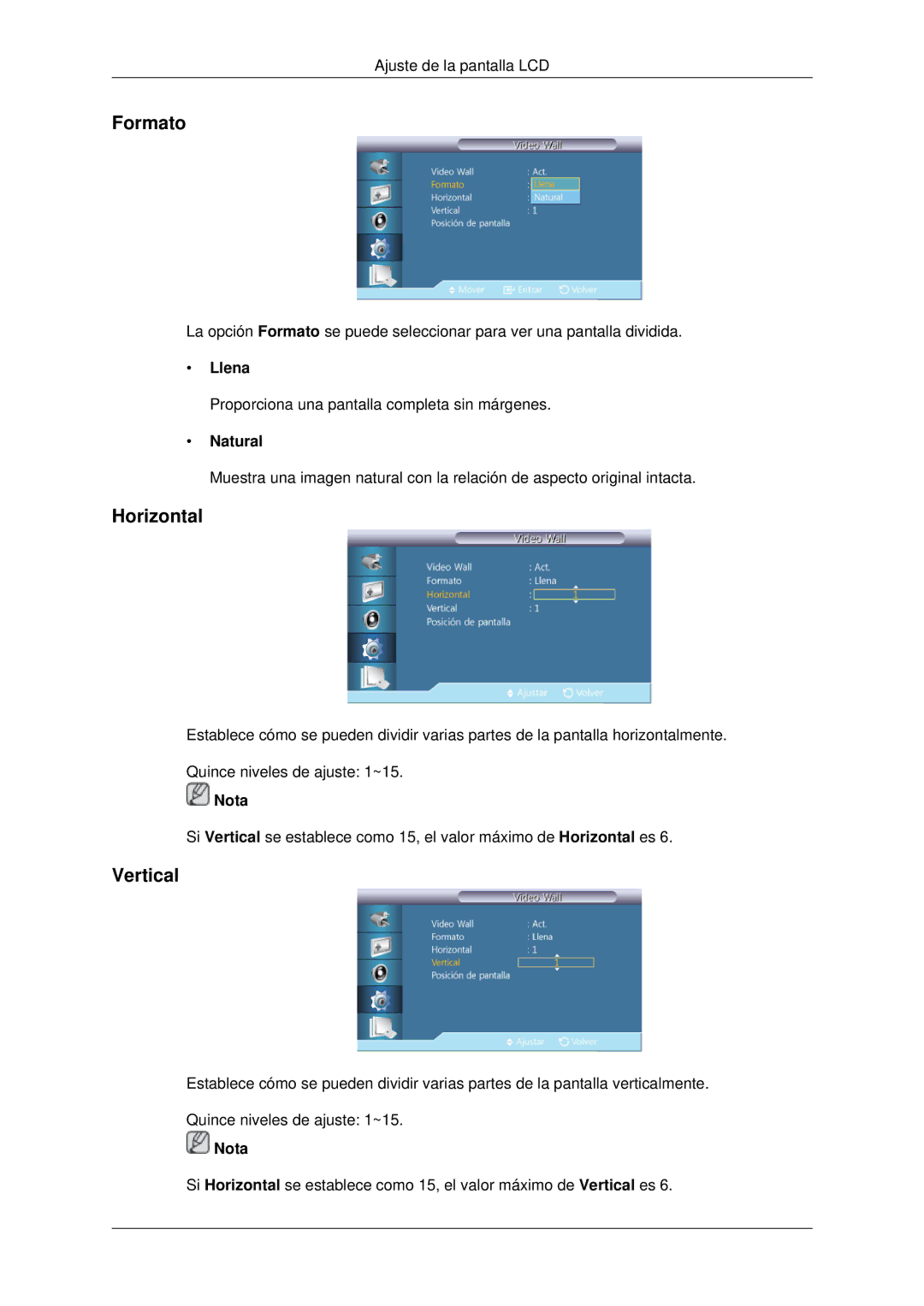 Samsung LH46CKPLBB/EN, LH46CBTLBB/EN, LH46CBQLBB/EN, LH46CBULBB/EN manual Formato, Horizontal, Vertical, Llena, Natural 