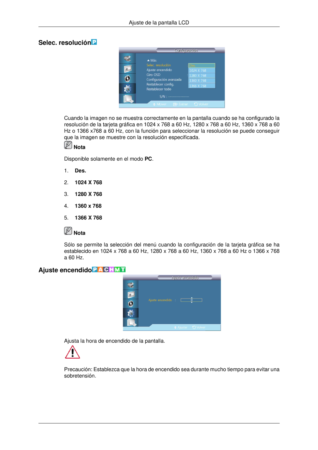 Samsung LH46CKQLBB/EN, LH46CBTLBB/EN manual Selec. resolución, Ajuste encendido, Des 1024 X 1280 X 1360 x 1366 X Nota 