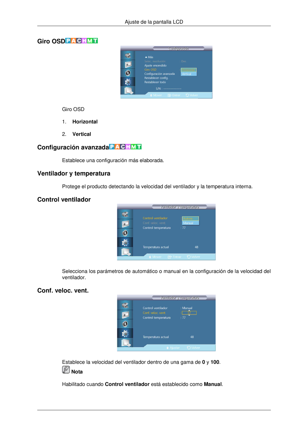 Samsung LH46CKULBN/EN Giro OSD, Configuración avanzada, Ventilador y temperatura, Control ventilador, Conf. veloc. vent 