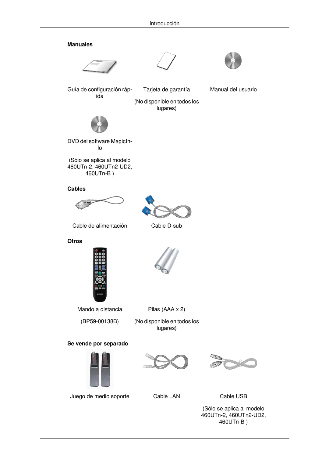 Samsung LH46CBQLBB/EN, LH46CBTLBB/EN, LH46CBULBB/EN, LH46CKPLBB/EN manual Manuales, Cables, Otros, Se vende por separado 