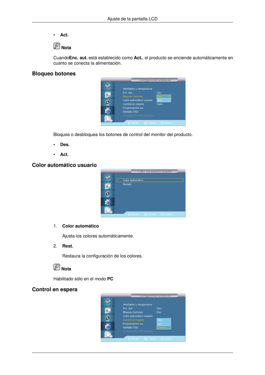 Samsung LH46CBQLBB/EN, LH46CBTLBB/EN, LH46CBULBB/EN manual Bloqueo botones, Color automático usuario, Control en espera 