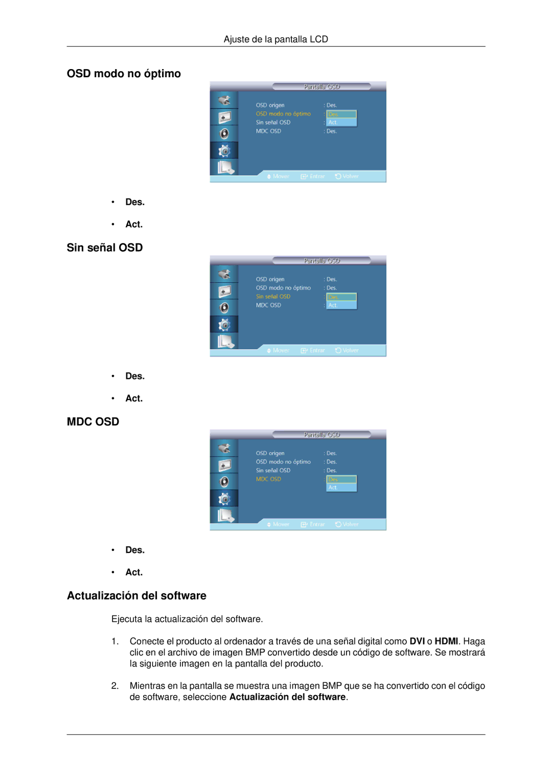 Samsung LH46CKPLBB/EN, LH46CBTLBB/EN, LH46CBQLBB/EN manual OSD modo no óptimo, Sin señal OSD, Actualización del software 