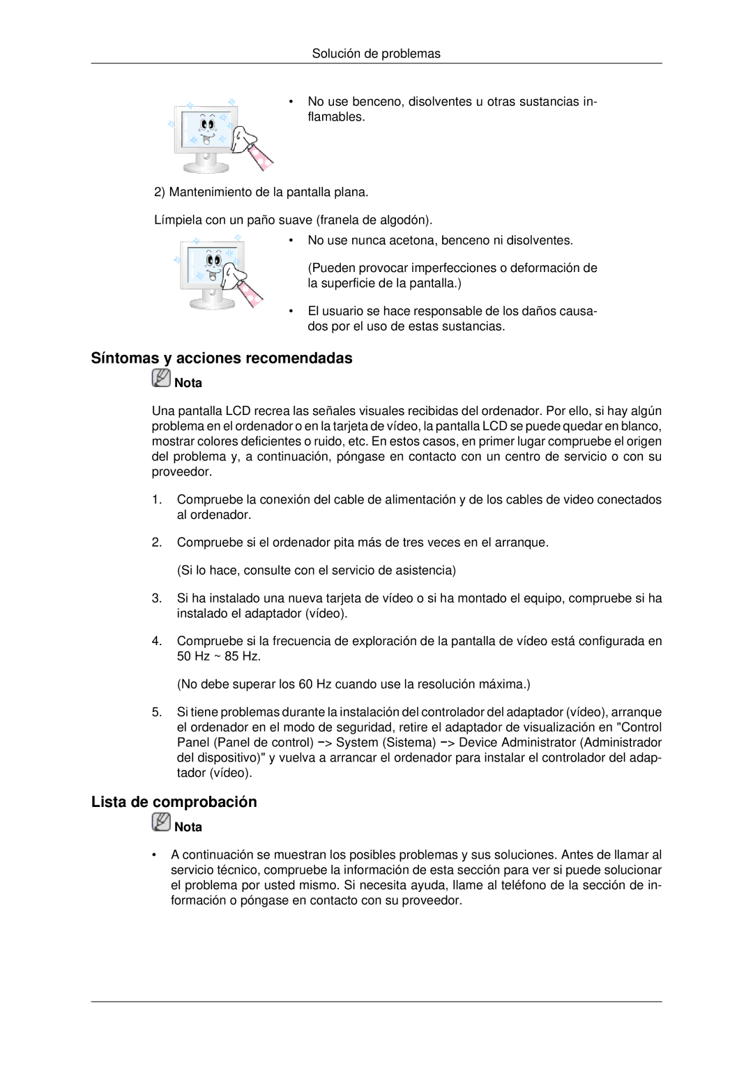 Samsung LH46CBQLBB/EN, LH46CBTLBB/EN, LH46CBULBB/EN, LH46CKPLBB/EN Síntomas y acciones recomendadas, Lista de comprobación 