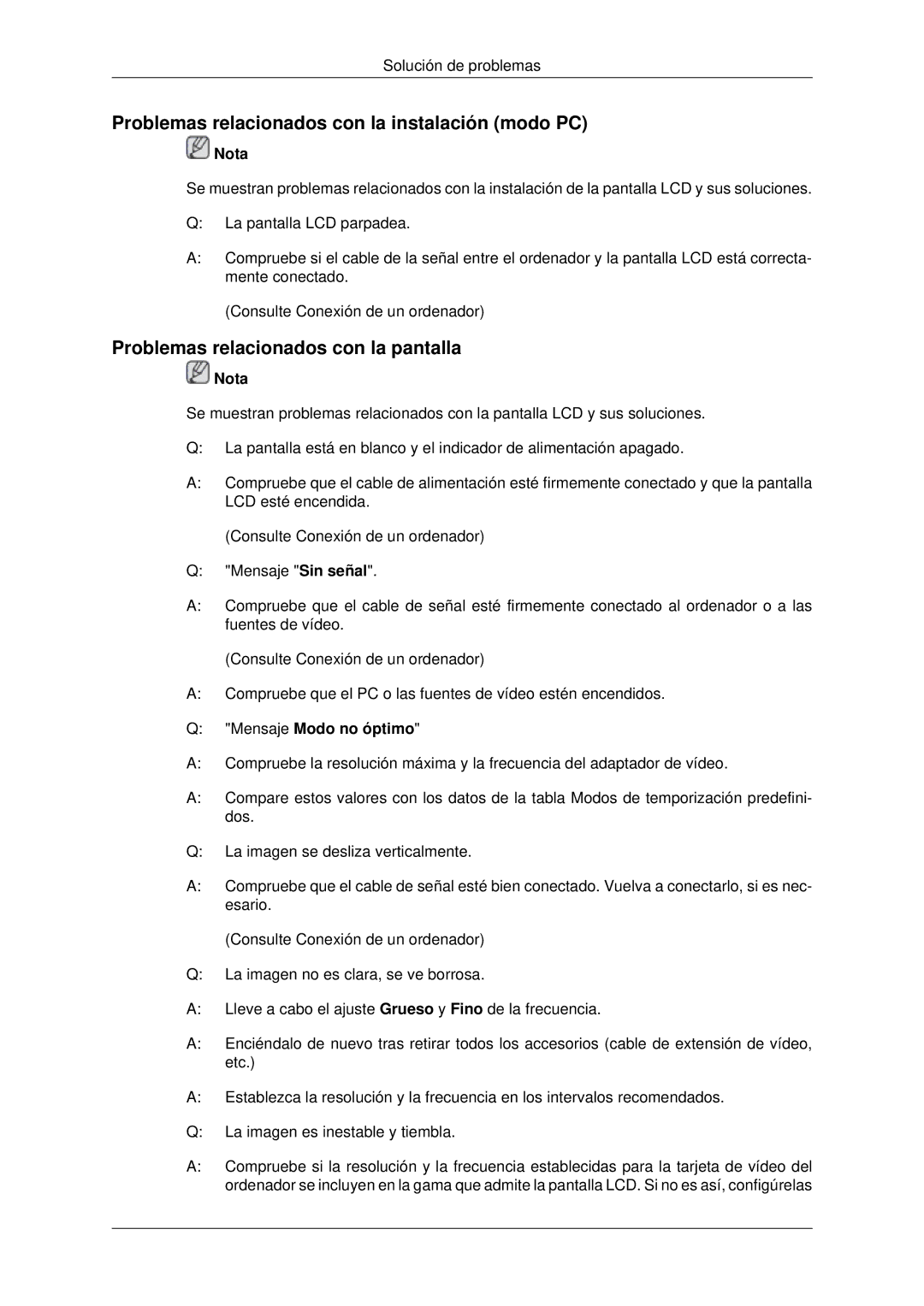 Samsung LH46CBULBB/EN manual Problemas relacionados con la instalación modo PC, Problemas relacionados con la pantalla 