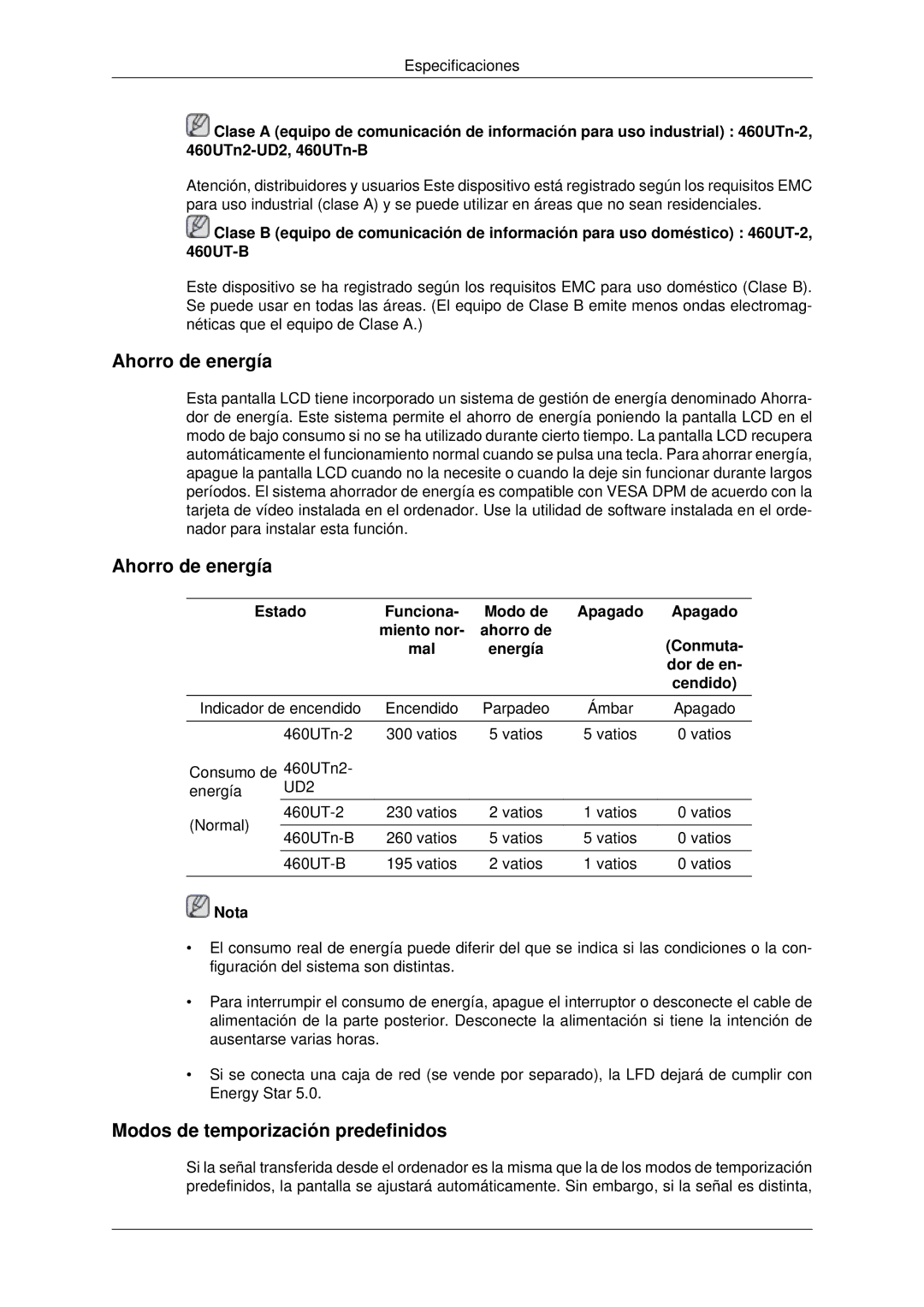 Samsung LH46CKQLBB/EN Ahorro de energía, Modos de temporización predefinidos, Estado Funciona Modo de Apagado Miento nor 