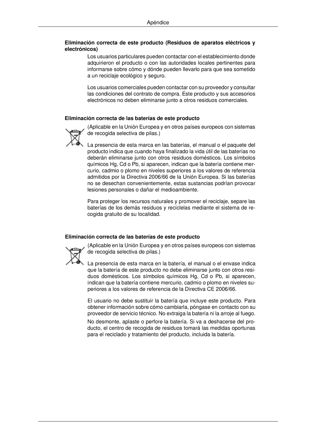 Samsung LH46CKULBN/EN, LH46CBTLBB/EN, LH46CBQLBB/EN, LH46CBULBB/EN Eliminación correcta de las baterías de este producto 