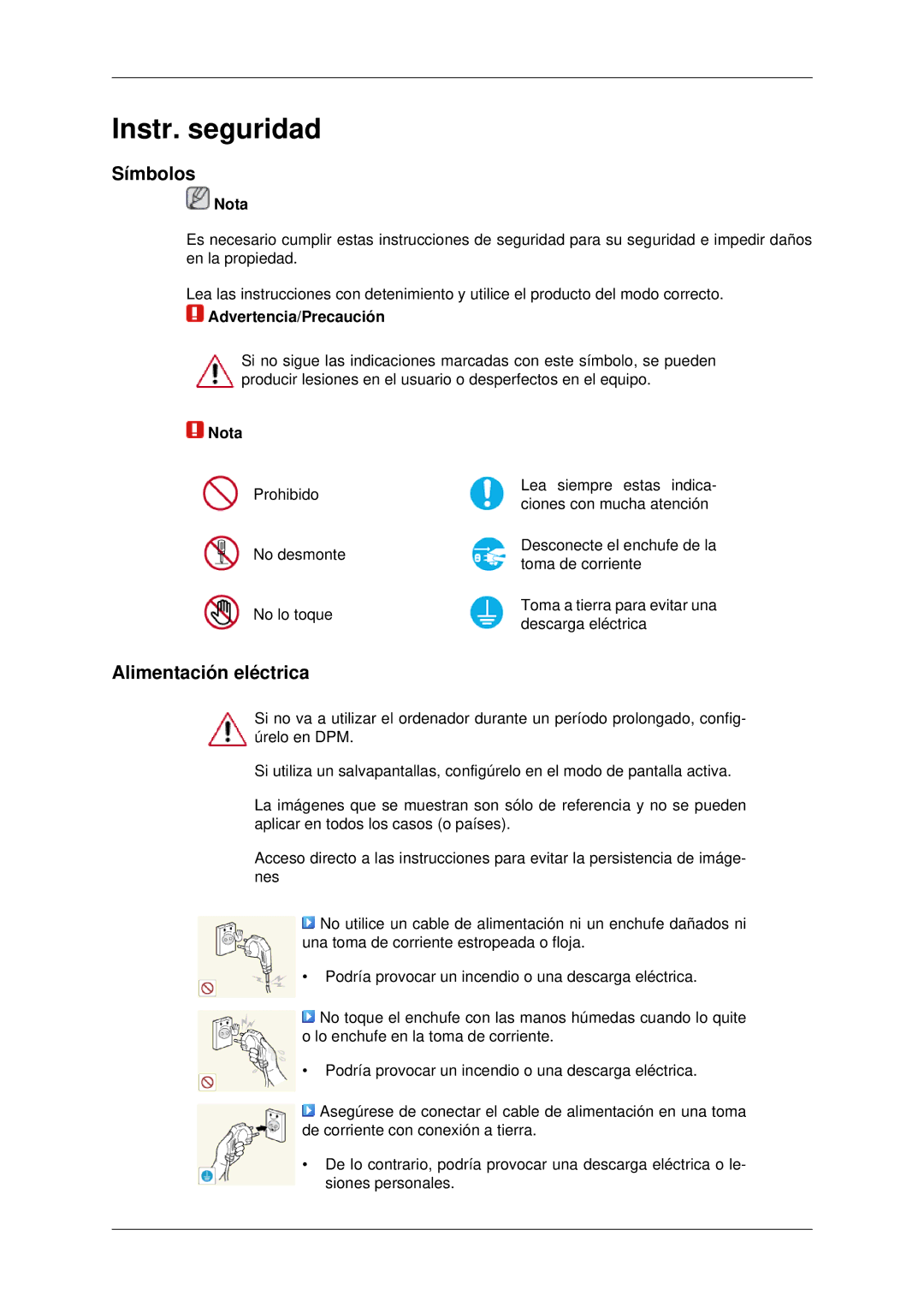 Samsung LH46CBULBB/EN, LH46CBTLBB/EN, LH46CBQLBB/EN manual Símbolos, Alimentación eléctrica, Nota, Advertencia/Precaución 