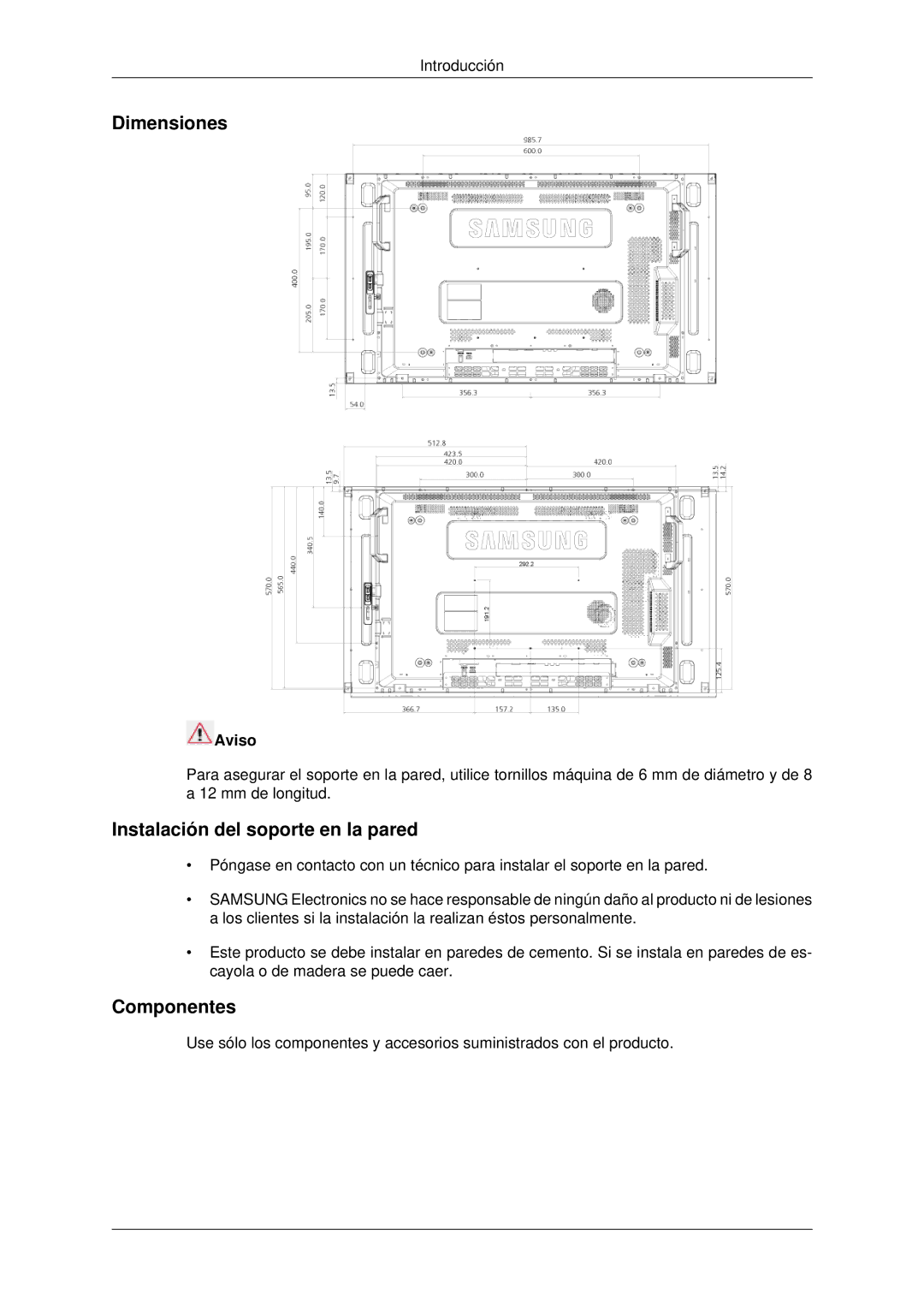 Samsung LH46CKPLBB/EN, LH46CBTLBB/EN, LH46CBQLBB/EN Dimensiones, Instalación del soporte en la pared, Componentes, Aviso 