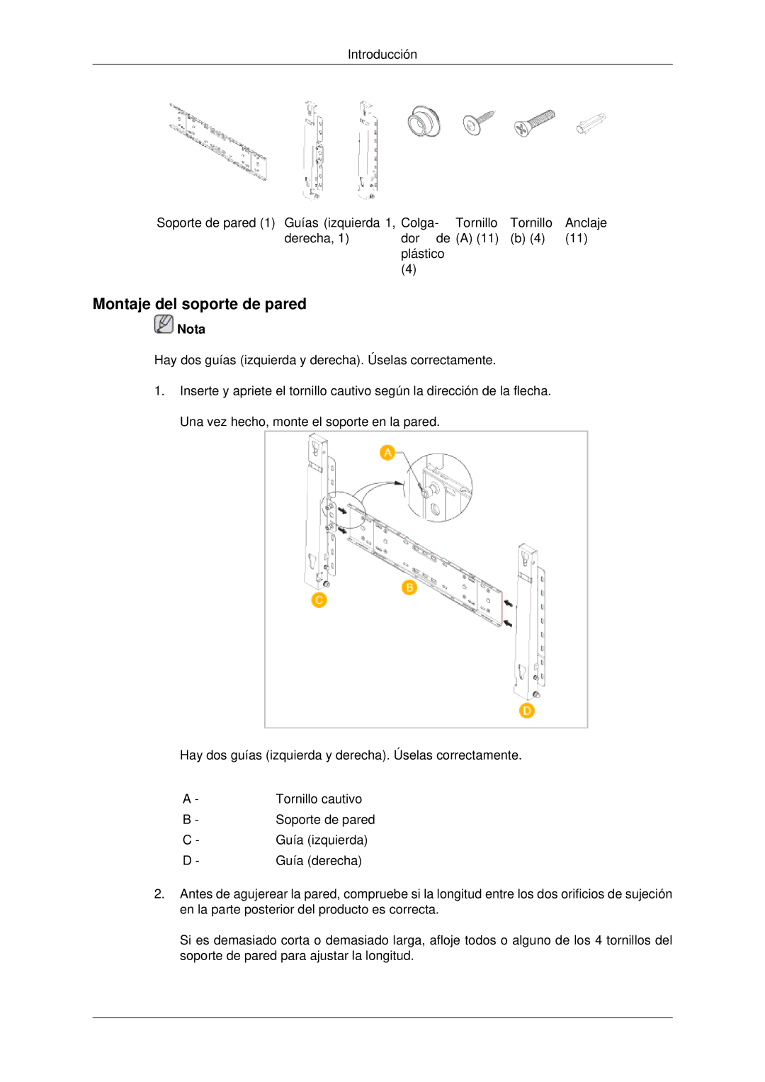 Samsung LH46CBPLBB/EN, LH46CBTLBB/EN, LH46CBQLBB/EN, LH46CBULBB/EN, LH46CKPLBB/EN manual Montaje del soporte de pared, Nota 