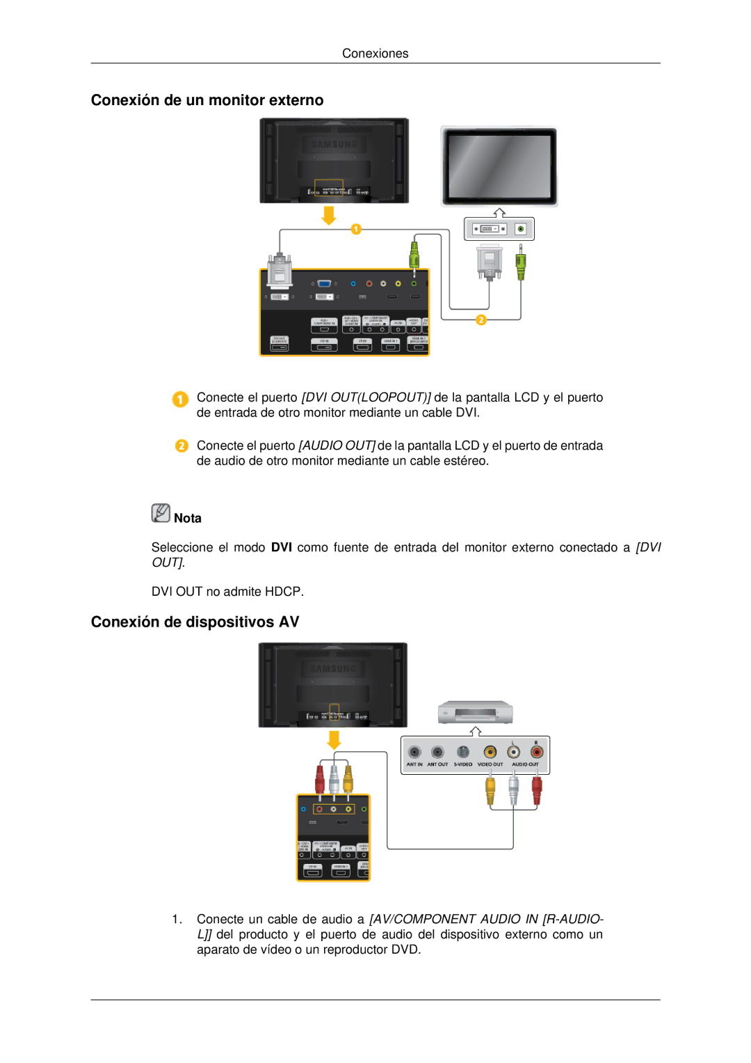 Samsung LH46CBTLBB/EN, LH46CBQLBB/EN, LH46CBULBB/EN manual Conexión de un monitor externo, Conexión de dispositivos AV 