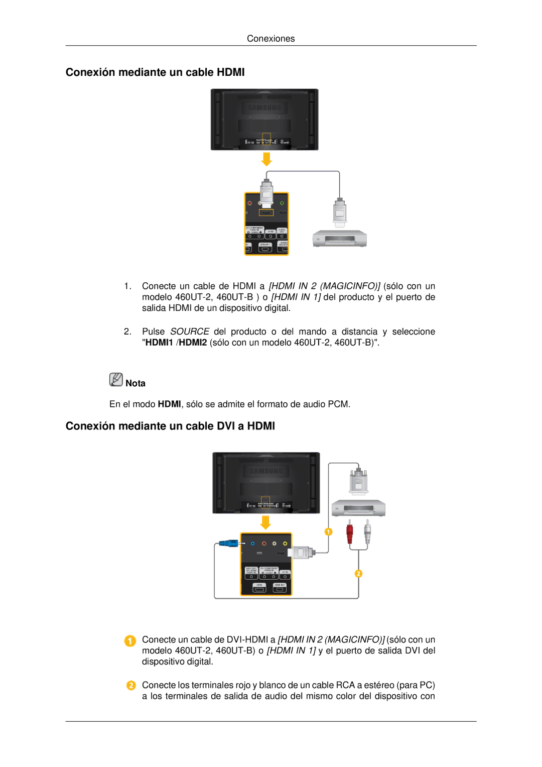 Samsung LH46CBULBB/EN, LH46CBTLBB/EN, LH46CBQLBB/EN Conexión mediante un cable Hdmi, Conexión mediante un cable DVI a Hdmi 