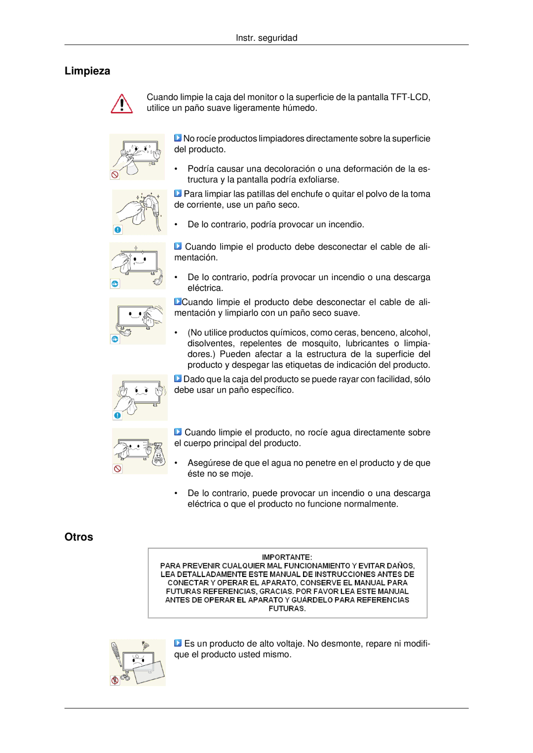 Samsung LH46CKULBB/EN, LH46CBTLBB/EN, LH46CBQLBB/EN, LH46CBULBB/EN, LH46CKPLBB/EN, LH46CBPLBB/EN, LH46CKTLBB/EN Limpieza, Otros 