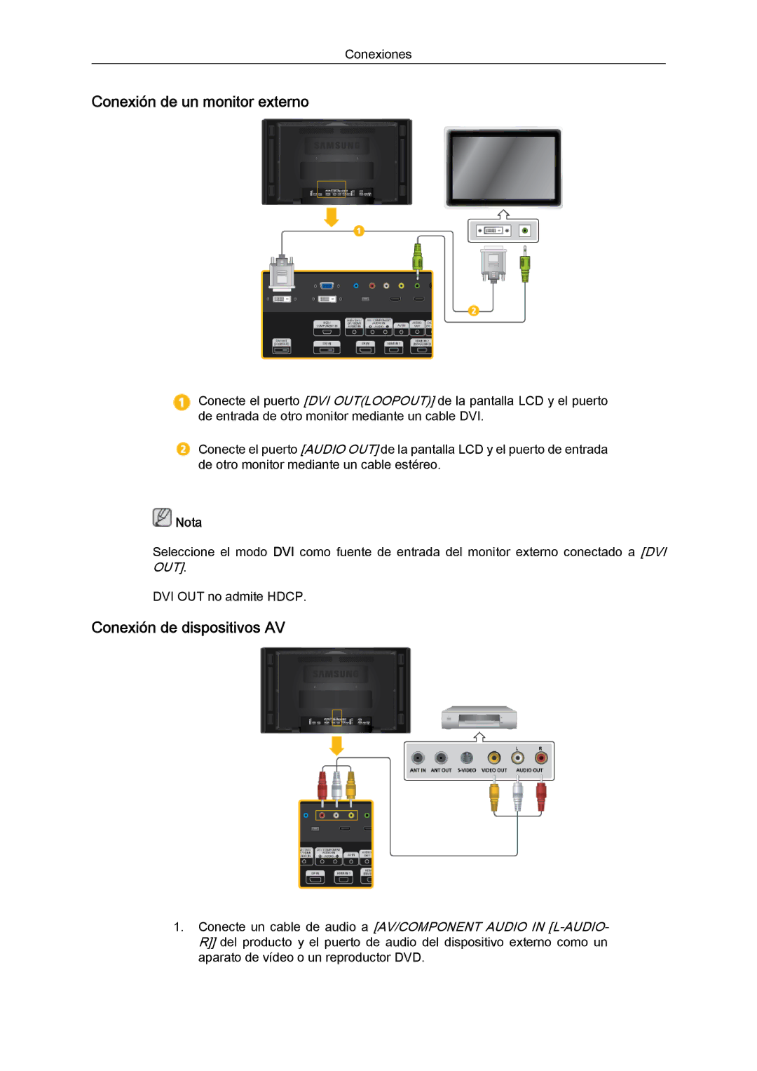 Samsung LH46CBQLBB/EN, LH46CBTLBB/EN, LH46CBULBB/EN manual Conexión de un monitor externo, Conexión de dispositivos AV 