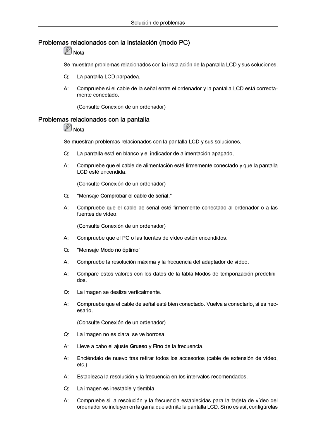 Samsung LH46MVPLBB/EN manual Problemas relacionados con la instalación modo PC, Problemas relacionados con la pantalla 