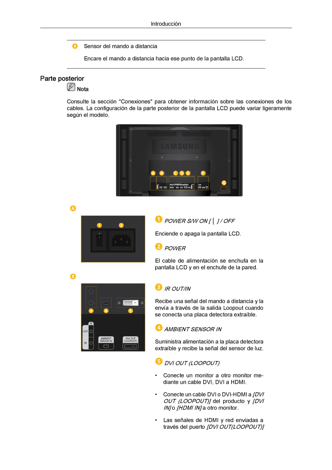 Samsung LH46MVQLBB/EN, LH46CBTLBB/EN, LH46CBQLBB/EN, LH46CBULBB/EN, LH46CKPLBB/EN, LH46CBPLBB/EN Parte posterior, Ir Out/In 