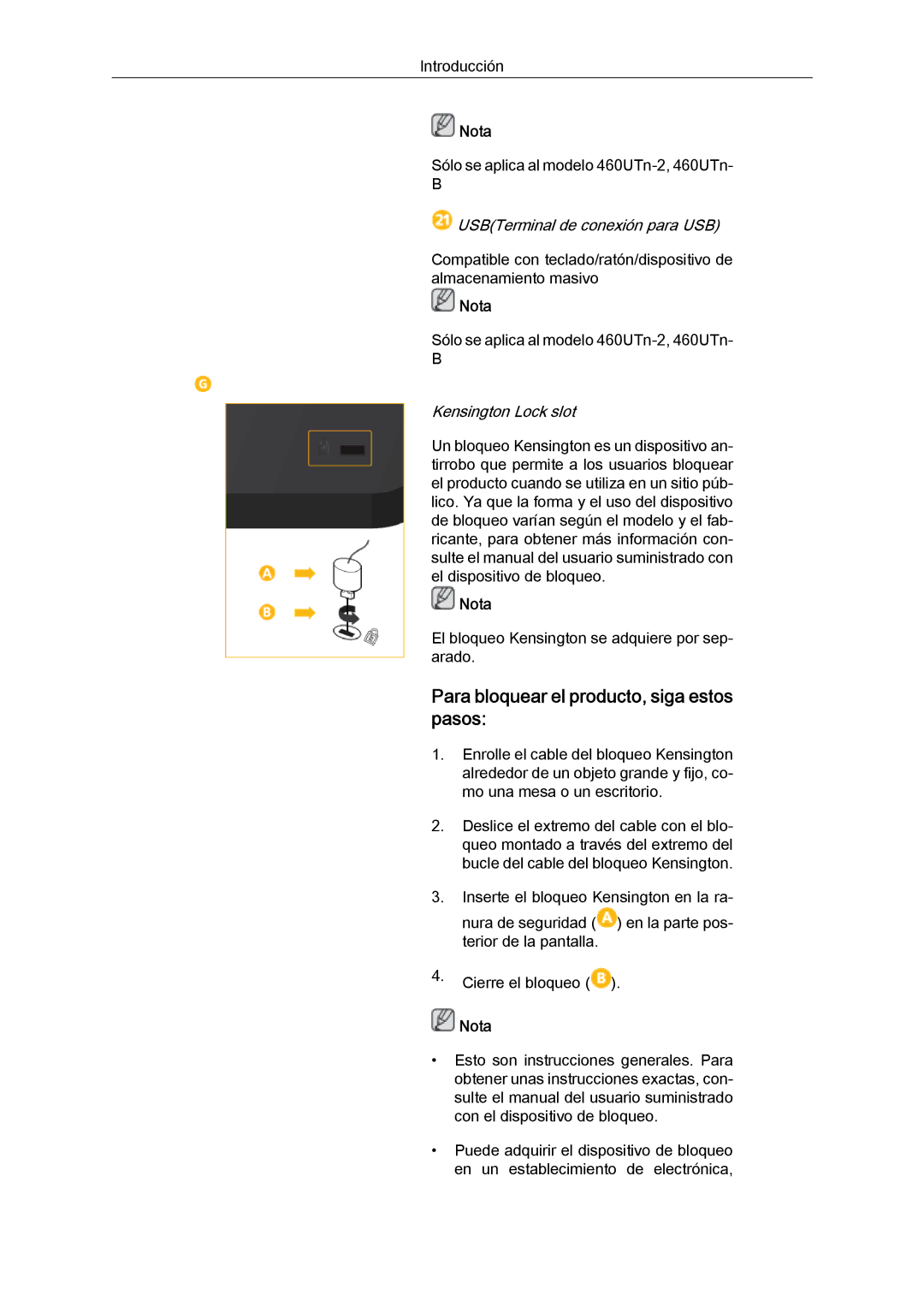 Samsung LH46MVPLBB/EN, LH46CBTLBB/EN, LH46CBQLBB/EN manual Para bloquear el producto, siga estos pasos, Kensington Lock slot 