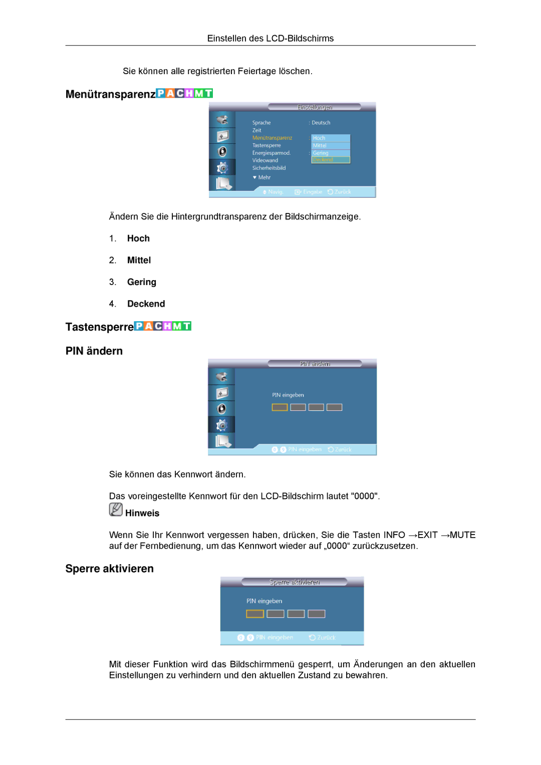 Samsung LH46CKULBB/EN manual Menütransparenz, Tastensperre PIN ändern, Sperre aktivieren, Hoch Mittel Gering Deckend 