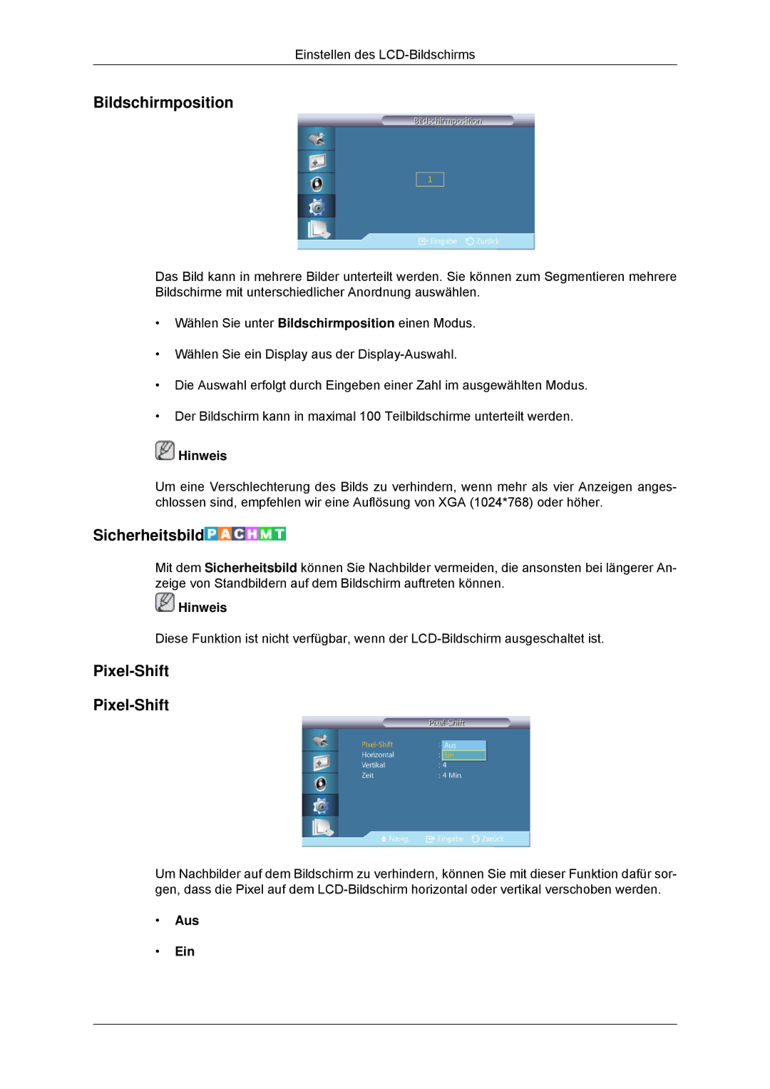 Samsung LH46CKQLBB/EN, LH46CBTLBB/EN, LH46CBQLBB/EN, LH46CKPLBB/EN manual Bildschirmposition, Sicherheitsbild, Pixel-Shift 