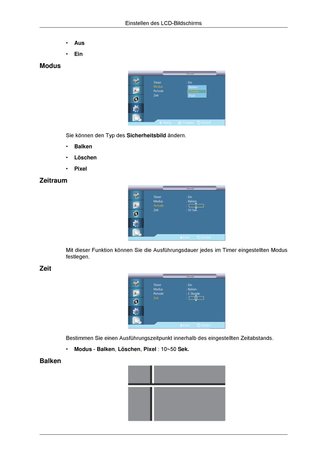 Samsung LH46CBQLBB/EN, LH46CBTLBB/EN manual Zeitraum, Balken Löschen Pixel, Modus Balken, Löschen, Pixel 10~50 Sek 