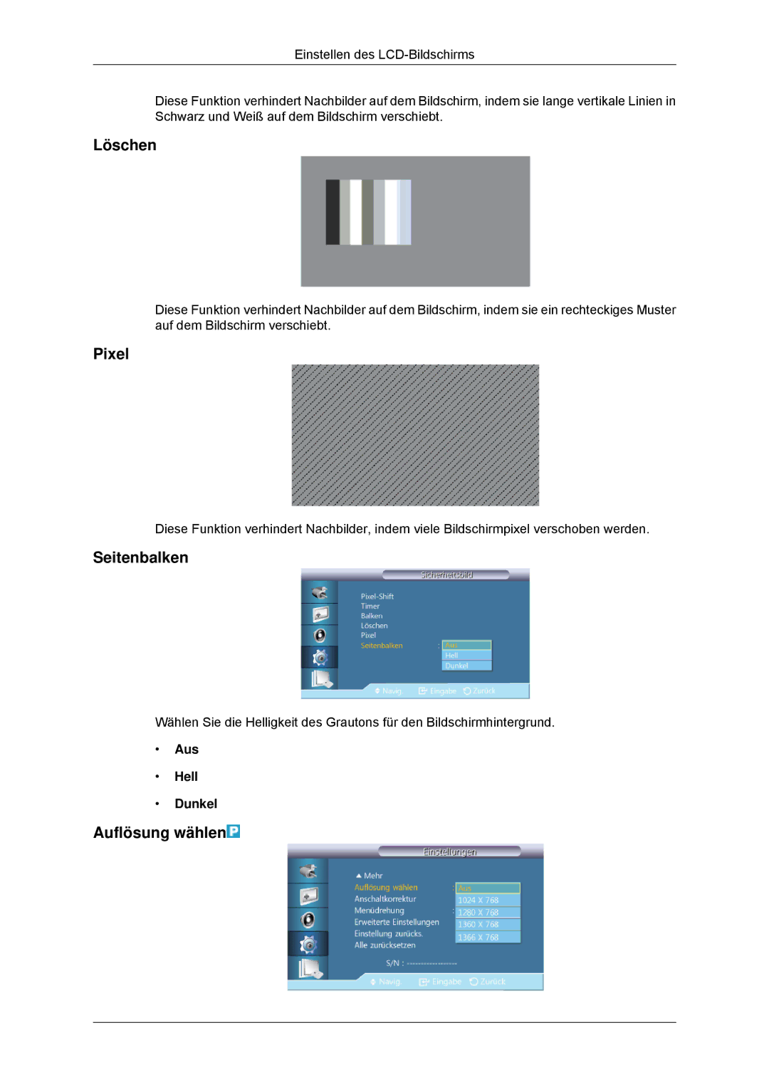 Samsung LH46CKPLBB/EN, LH46CBTLBB/EN, LH46CBQLBB/EN manual Löschen, Pixel, Seitenbalken, Auflösung wählen, Aus Hell Dunkel 