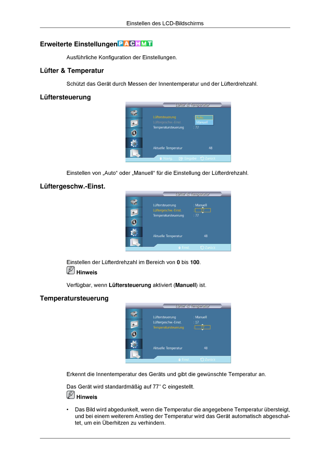 Samsung LH46CKULBB/EN, LH46CBTLBB/EN Erweiterte Einstellungen, Lüfter & Temperatur, Lüftersteuerung, Lüftergeschw.-Einst 