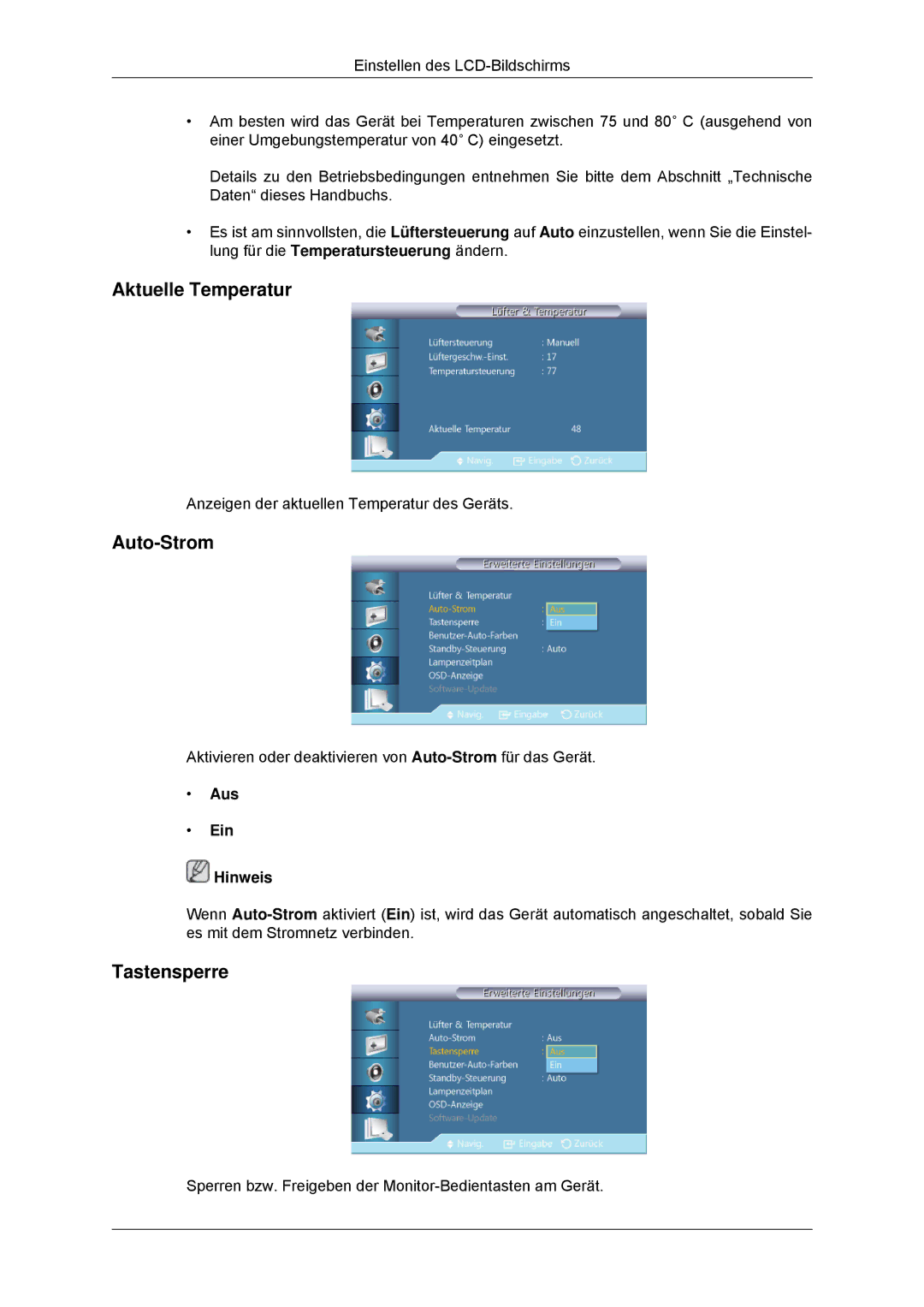 Samsung LH46CKTLBB/EN, LH46CBTLBB/EN, LH46CBQLBB/EN, LH46CKPLBB/EN manual Aktuelle Temperatur, Auto-Strom, Tastensperre 