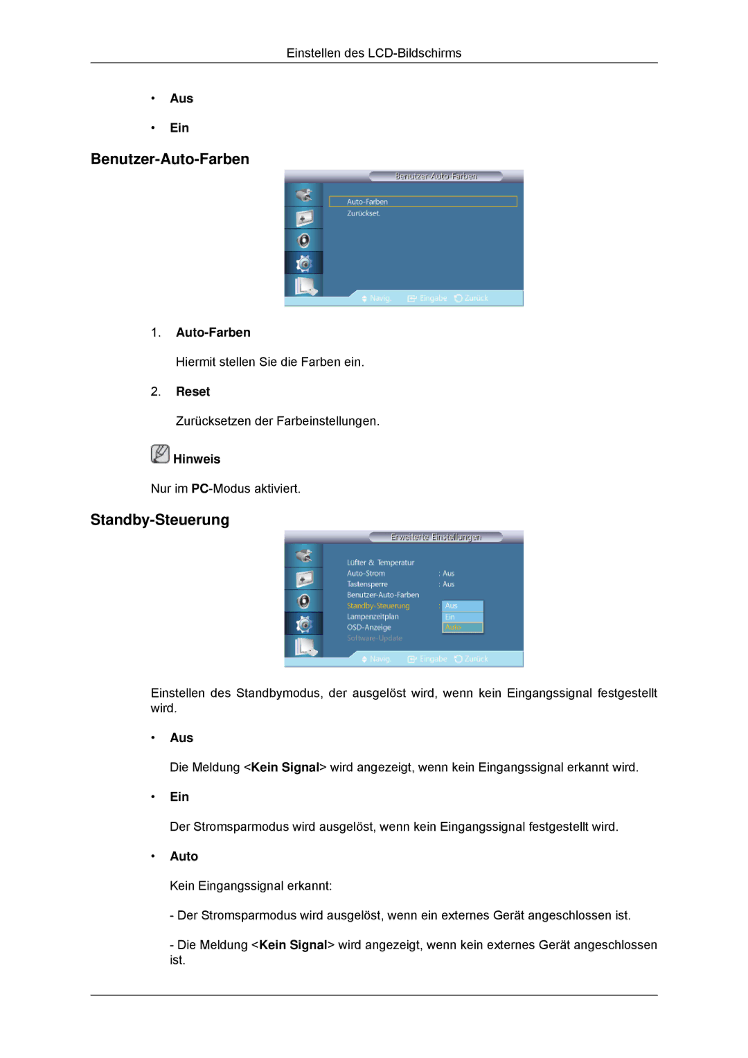 Samsung LH46CKSLBB/EN, LH46CBTLBB/EN, LH46CBQLBB/EN, LH46CKPLBB/EN manual Benutzer-Auto-Farben, Standby-Steuerung, Reset 