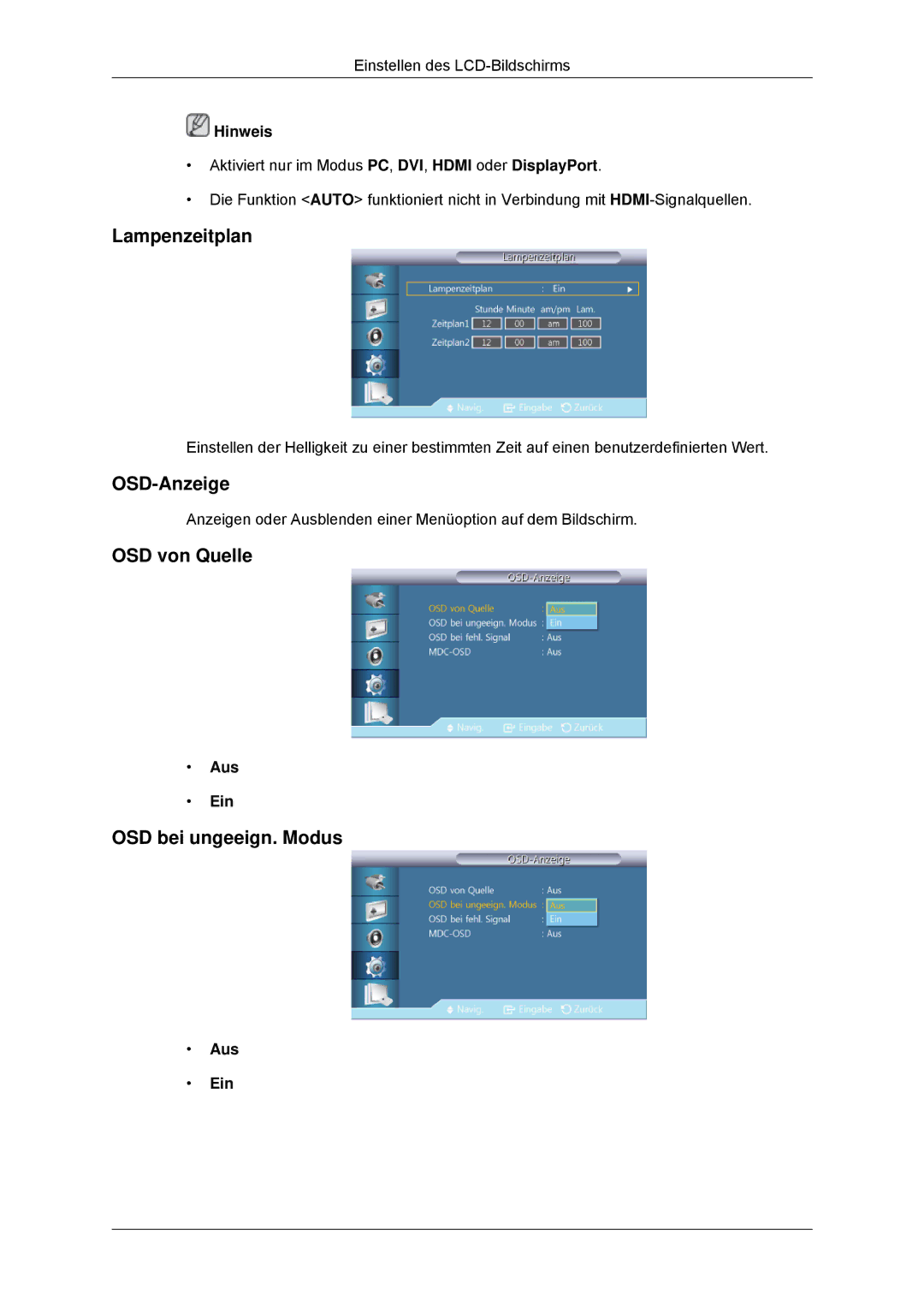 Samsung LH46CKQLBB/EN, LH46CBTLBB/EN, LH46CBQLBB/EN Lampenzeitplan, OSD-Anzeige, OSD von Quelle, OSD bei ungeeign. Modus 