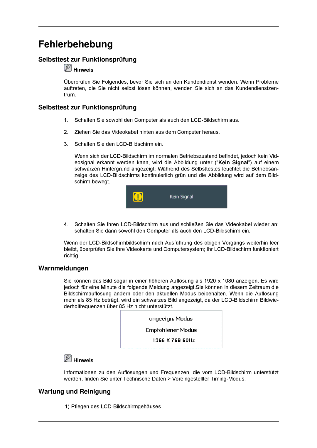 Samsung LH46CKQLBB/EN, LH46CBTLBB/EN, LH46CBQLBB/EN Selbsttest zur Funktionsprüfung, Warnmeldungen, Wartung und Reinigung 