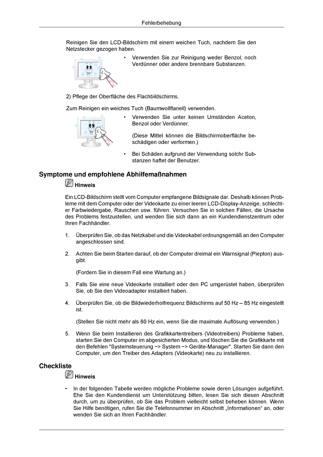 Samsung LH46CBTLBB/EN, LH46CBQLBB/EN, LH46CKPLBB/EN, LH46CBPLBB/EN manual Symptome und empfohlene Abhilfemaßnahmen, Checkliste 