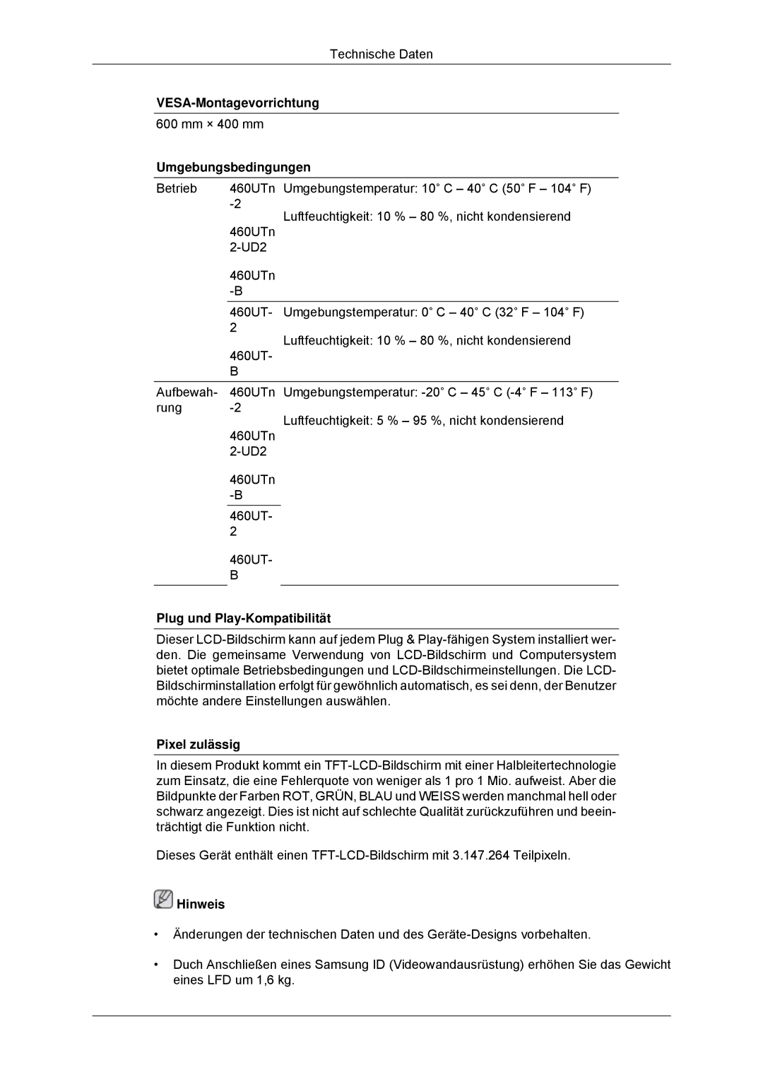 Samsung LH46CKSLBB/EN manual VESA-Montagevorrichtung, Umgebungsbedingungen, Plug und Play-Kompatibilität, Pixel zulässig 