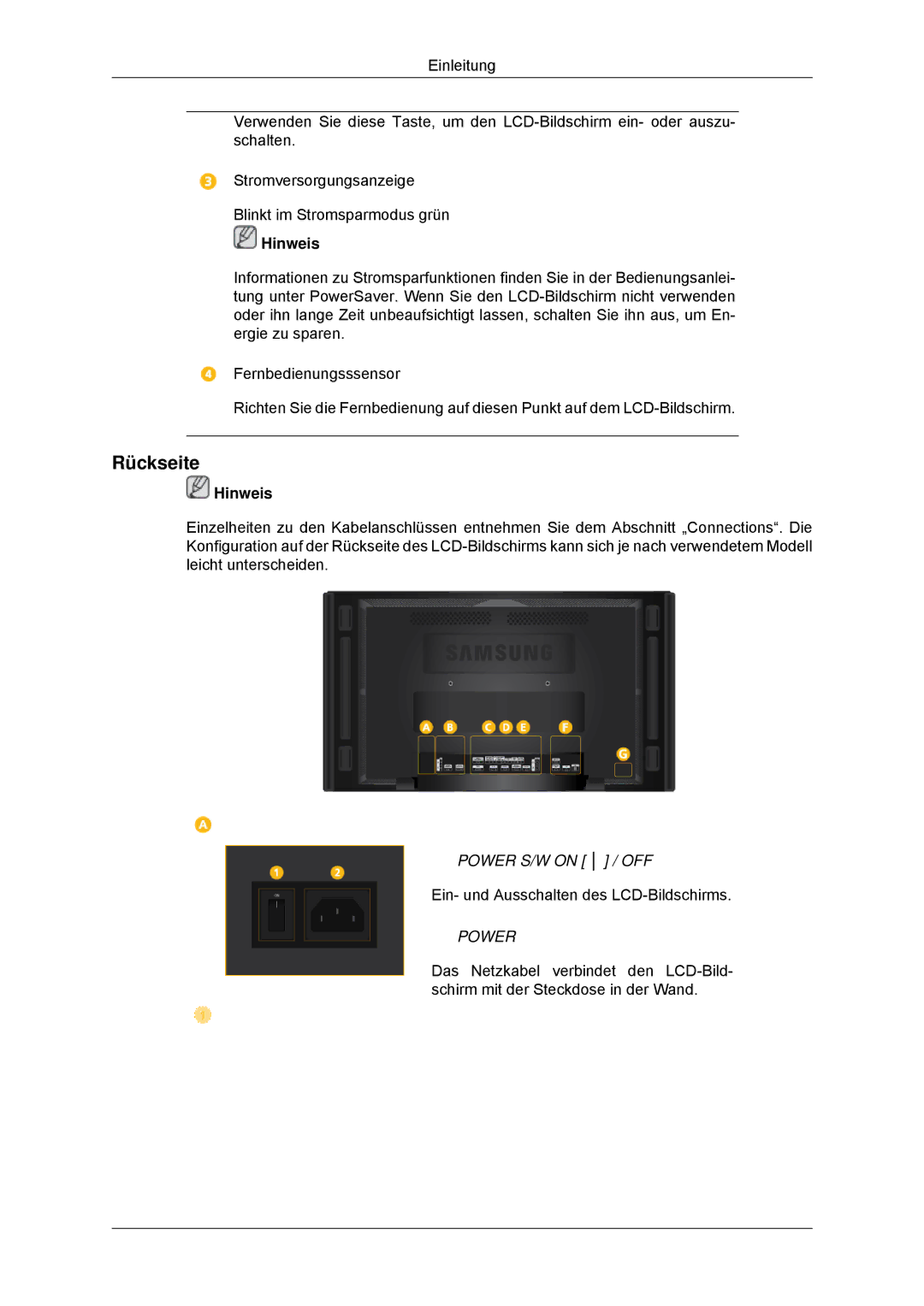 Samsung LH46CKTLBB/EN, LH46CBTLBB/EN, LH46CBQLBB/EN, LH46CKPLBB/EN, LH46CBPLBB/EN, LH46CKULBB/EN, LH46CKSLBB/EN manual Rückseite 