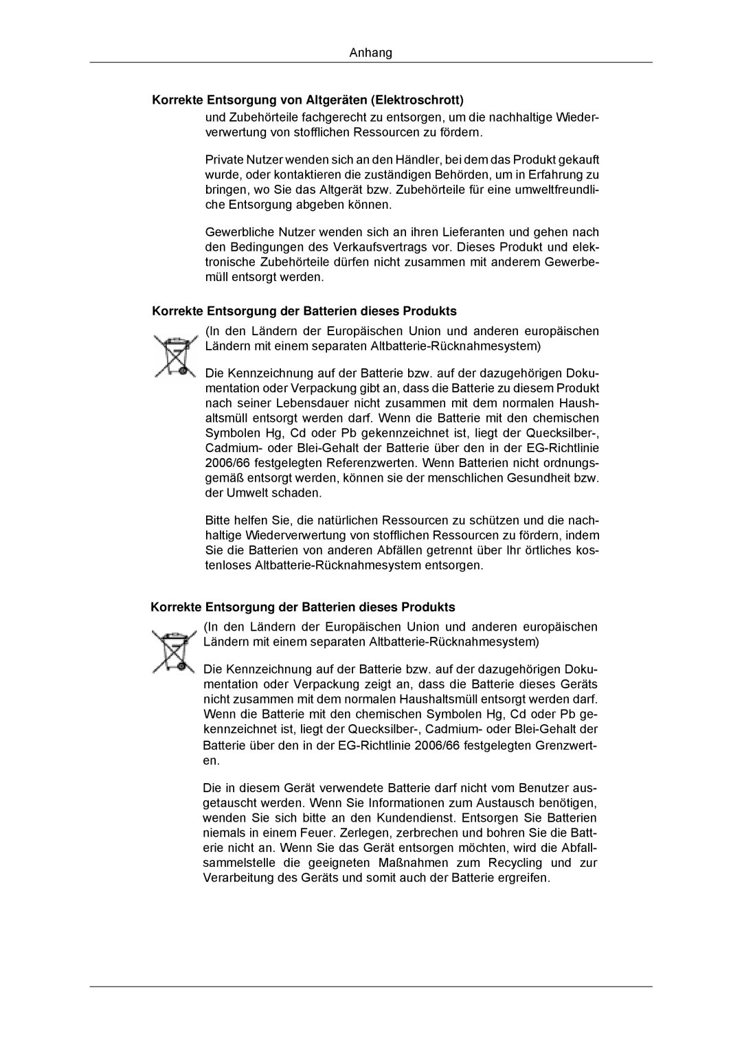 Samsung LH46CKPLBB/EN, LH46CBTLBB/EN, LH46CBQLBB/EN, LH46CBPLBB/EN manual Korrekte Entsorgung der Batterien dieses Produkts 