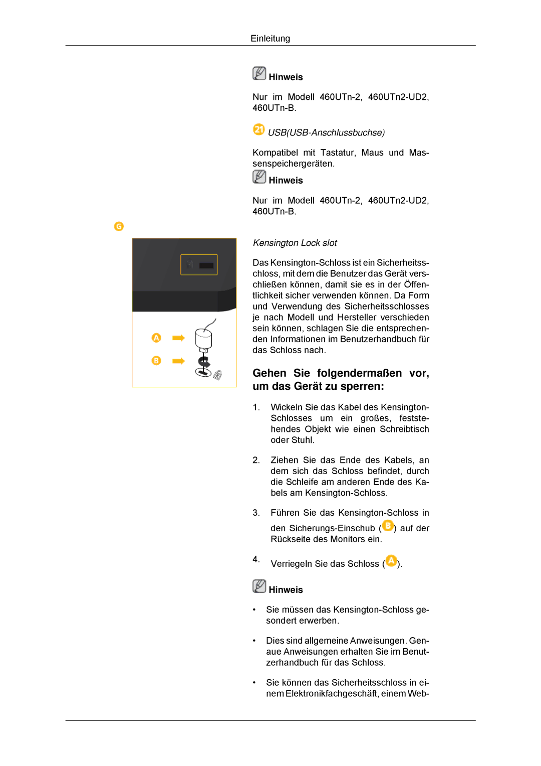 Samsung LH46CKPLBB/EN, LH46CBTLBB/EN manual Gehen Sie folgendermaßen vor, um das Gerät zu sperren, Kensington Lock slot 