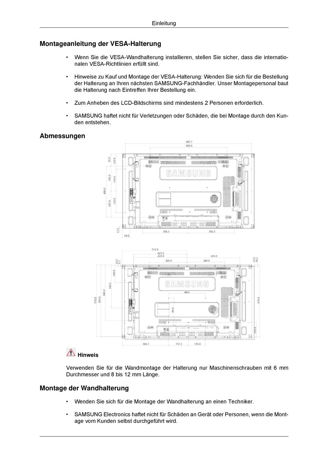 Samsung LH46CKQLBB/EN, LH46CBTLBB/EN manual Montageanleitung der VESA-Halterung, Abmessungen, Montage der Wandhalterung 