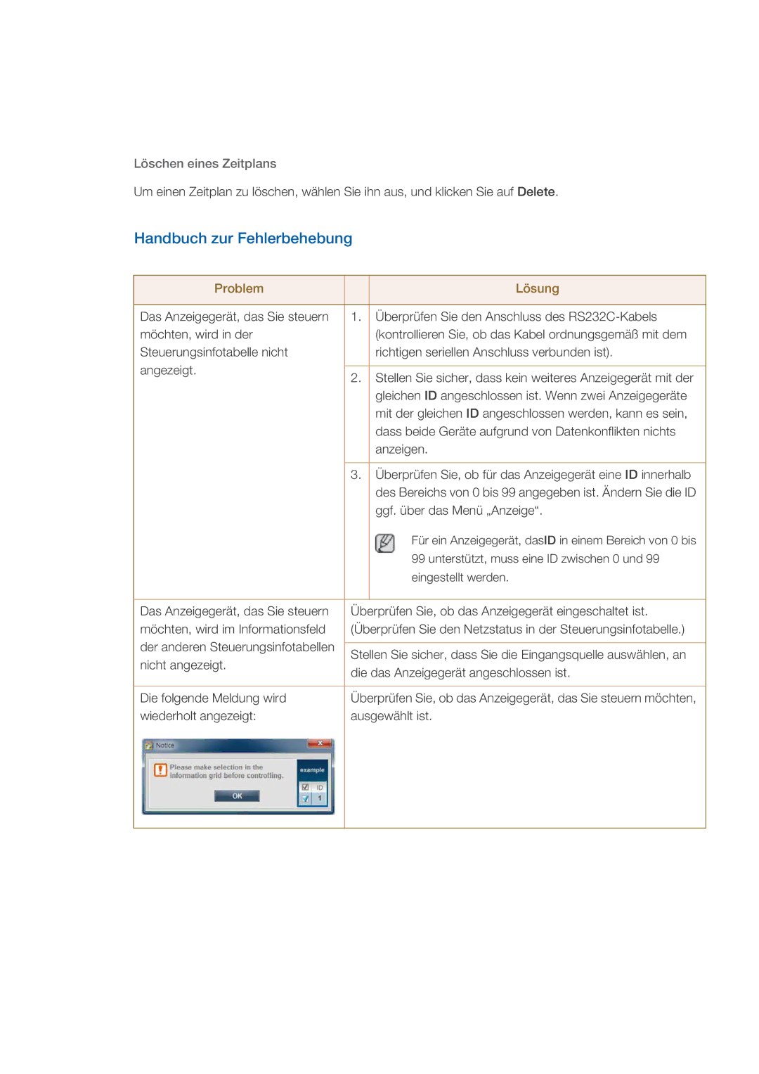 Samsung LH46CBPLBB/EN, LH46CBTLBB/EN, LH46CBQLBB/EN, LH46CKPLBB/EN manual Handbuch zur Fehlerbehebung, Löschen eines Zeitplans 