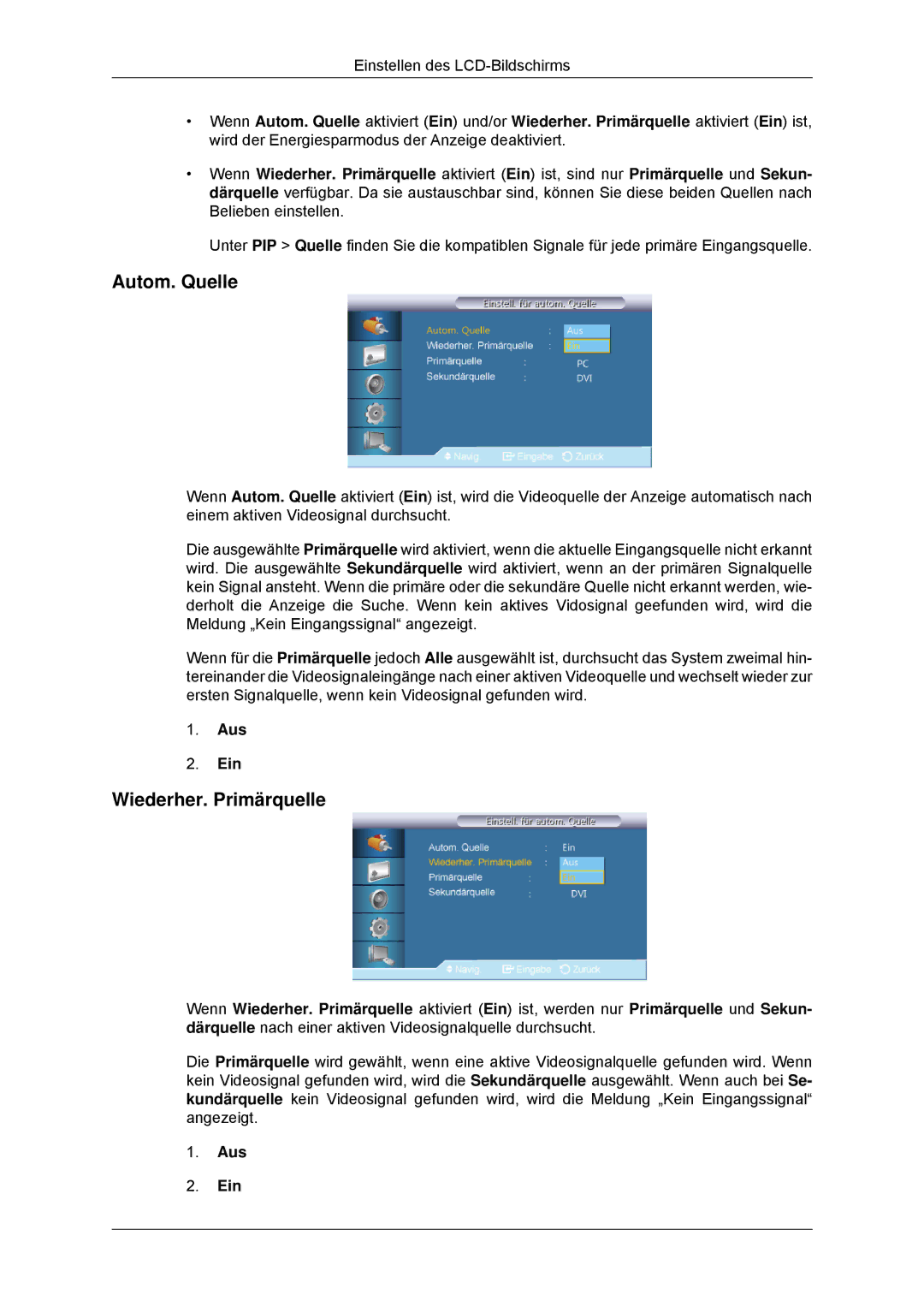 Samsung LH46CBQLBB/EN, LH46CBTLBB/EN, LH46CKPLBB/EN, LH46CBPLBB/EN, LH46CKULBB/EN manual Autom. Quelle, Wiederher. Primärquelle 