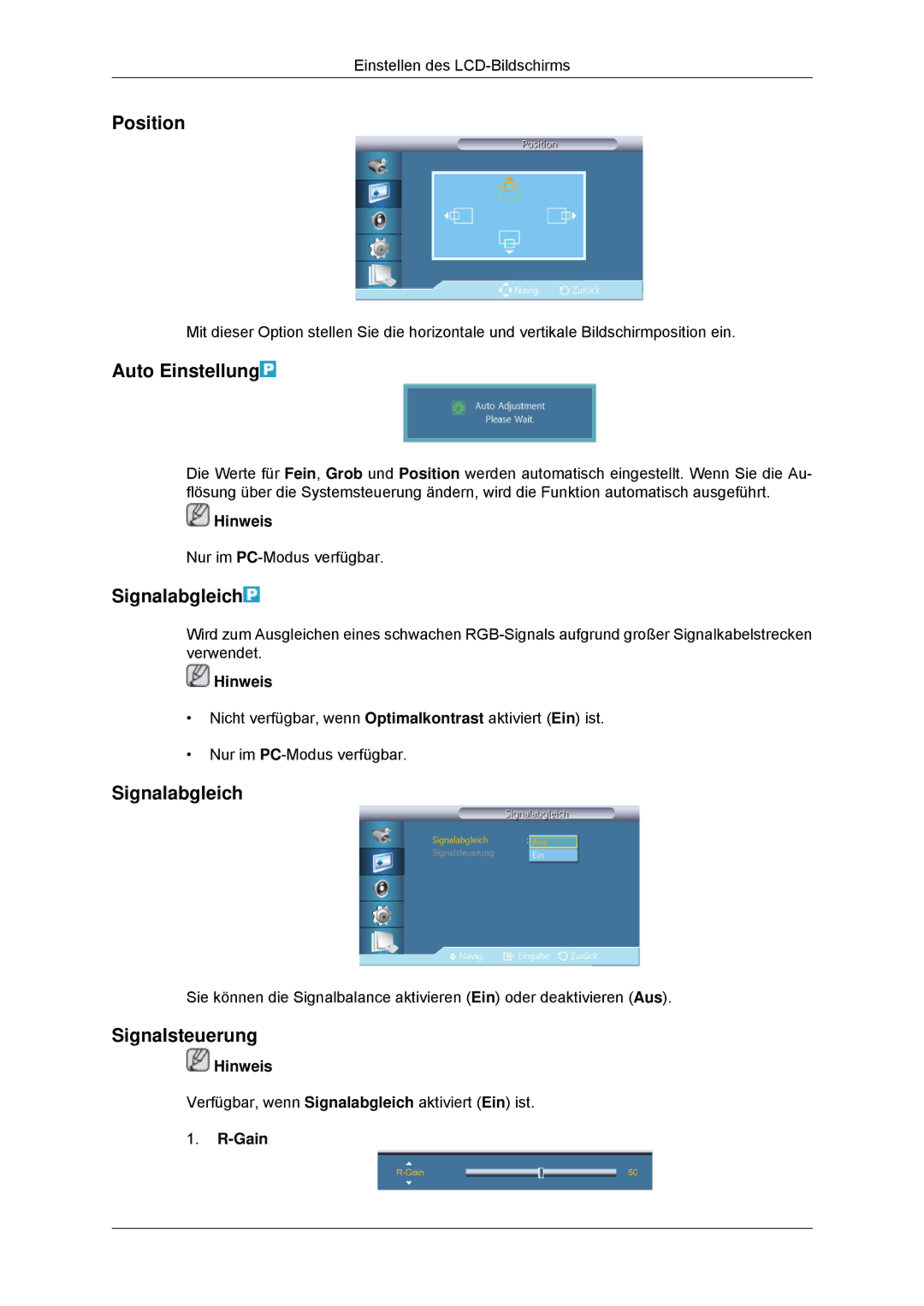 Samsung LH46CKSLBB/EN, LH46CBTLBB/EN, LH46CBQLBB/EN, LH46CKPLBB/EN Auto Einstellung, Signalabgleich, Signalsteuerung, Gain 