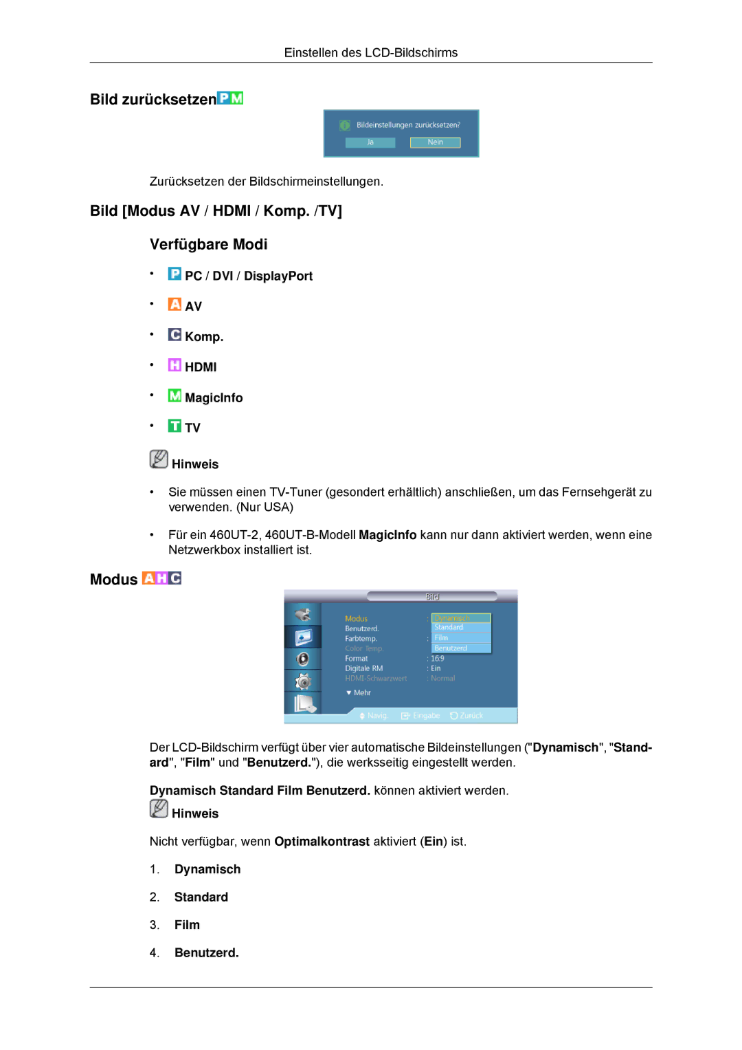 Samsung LH46CBQLBB/EN, LH46CBTLBB/EN, LH46CKPLBB/EN Bild zurücksetzen, Bild Modus AV / Hdmi / Komp. /TV Verfügbare Modi 