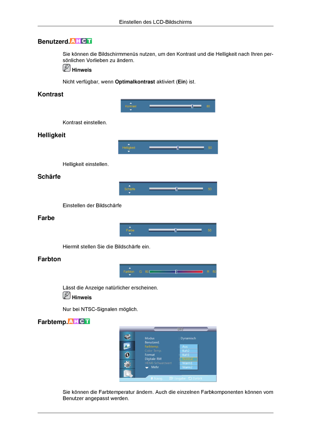 Samsung LH46CKPLBB/EN, LH46CBTLBB/EN, LH46CBQLBB/EN, LH46CBPLBB/EN manual Kontrast, Helligkeit, Schärfe, Farbe, Farbton 