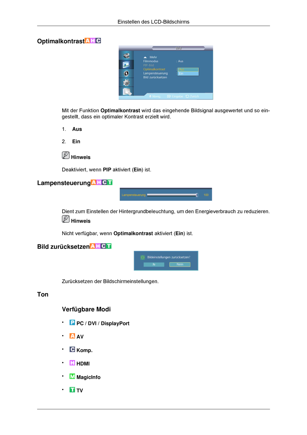 Samsung LH46CKSLBB/EN, LH46CBTLBB/EN, LH46CBQLBB/EN, LH46CKPLBB/EN, LH46CBPLBB/EN manual Ton Verfügbare Modi, MagicInfo 