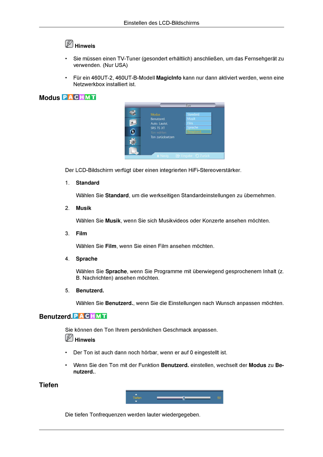 Samsung LH46CKQLBB/EN, LH46CBTLBB/EN, LH46CBQLBB/EN, LH46CKPLBB/EN, LH46CBPLBB/EN, LH46CKULBB/EN manual Tiefen, Musik, Sprache 