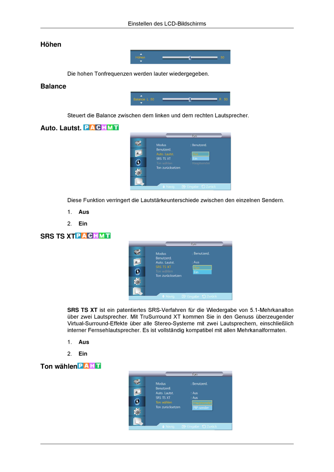 Samsung LH46CBTLBB/EN, LH46CBQLBB/EN, LH46CKPLBB/EN, LH46CBPLBB/EN, LH46CKULBB/EN Höhen, Balance, Auto. Lautst, Ton wählen 