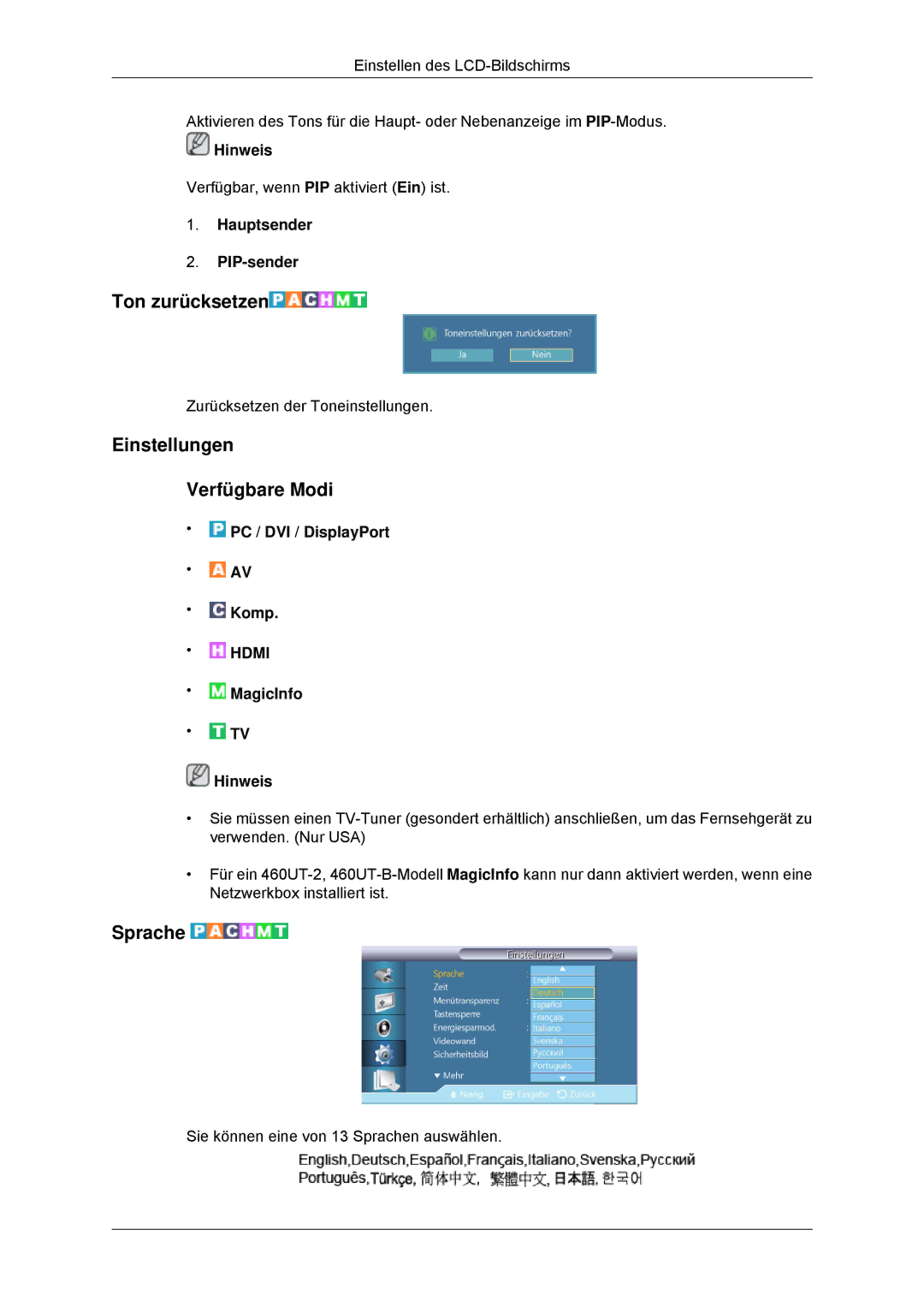 Samsung LH46CBQLBB/EN, LH46CBTLBB/EN manual Ton zurücksetzen, Einstellungen Verfügbare Modi, Sprache, Hauptsender PIP-sender 